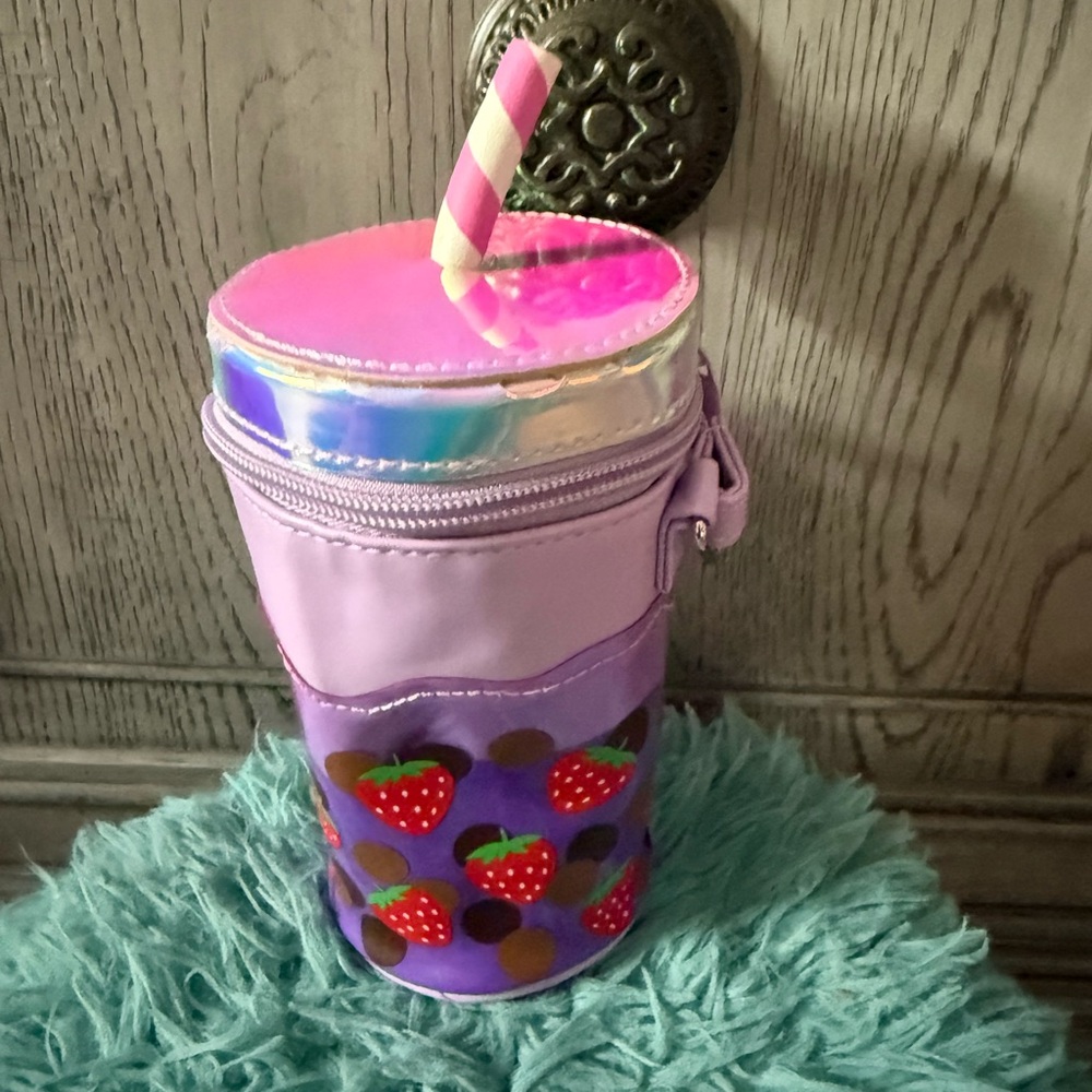 Strawberry Print Kids Cup Holder  Bag- Purple